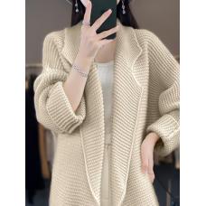 RM29310#羊绒开衫女西装翻领纯色加厚针织毛衣外搭宽松中长羊毛外套