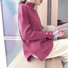 RM29367#玫红色毛衣女可外穿半高领打底衫独特设计感长袖口开叉羊毛针织...
