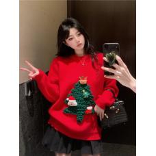 RM29370#慵懒风独特别致洋气减龄甜美宽松上衣圣诞节红色毛衣针织衫女