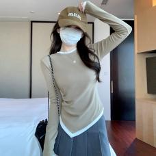 RM29383#羊绒不规则T恤女长袖褶皱假两件秋冬新款显瘦磨毛加厚打底衫