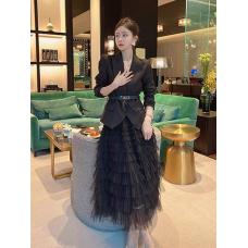 RM29391#黑色名媛气质收腰西装外套网纱蛋糕裙时尚两件套