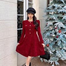 RM29416#圣诞新年战袍小个子短裙甜酷小香风红色加厚连衣裙女秋冬高级感