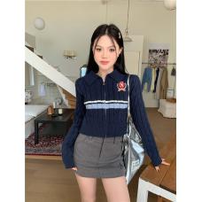 RM29503#韩版学院风短款翻领拉链开衫毛衣外套女