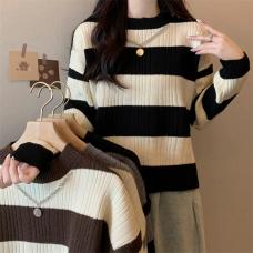RM29612#新款韩版休闲显瘦复古项链设计条纹长袖毛衣上衣女