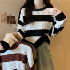 RM29614#新款韩版休闲显瘦复古条纹长袖T恤针织上衣女