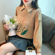 RM29813#郁金香刺绣设计感毛衣马甲+韩版宽松长袖衬衫两件套装