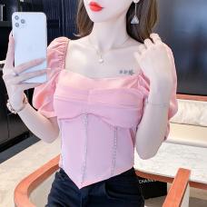 RM29845#夏季短袖方领套头修身韩版上衣一字领显瘦甜美纯色女装新款