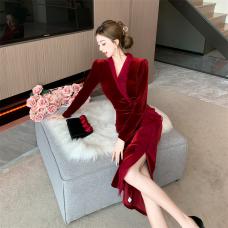 RM29850#丝绒气质长袖连衣裙性感时尚显瘦优雅精致名媛长裙