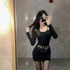 RM29856#甜辣性感一字肩打底连衣裙气质黑色包臀吊带裙