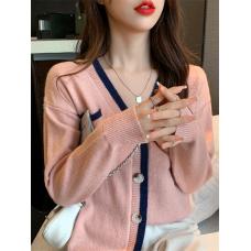 RM29870#新款设计感时尚洋气V领撞色针织开衫外套毛衣