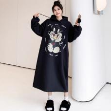 RM29924#大卫衣双层帽 韩版个性兔子涂鸦印花慵懒风卫衣裙女