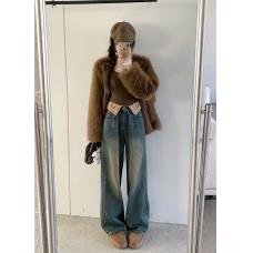 RM29931#加绒冷萃冰珠重工设计感翻边镶钻牛仔直筒裤女