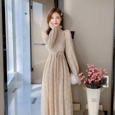 RM29948#新款复古杏针织拼接蕾丝裙甜美纯色假两件打底裙