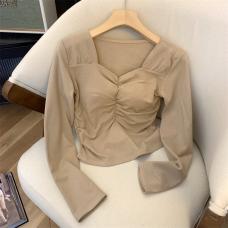 RM29985#新款韩版修身显瘦褶皱设计感方领上衣加绒带胸垫