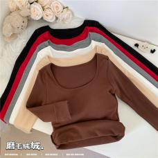 RM29988#U领加绒加厚带胸垫T恤女修身长袖打底衫