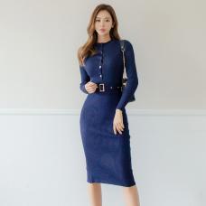 RM30105#韩版修身显瘦针织连衣裙女圆领配腰带包臀中裙