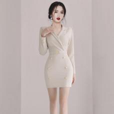 RM30161#新款韩版气质西装领修身双排扣职业时尚包臀连衣裙