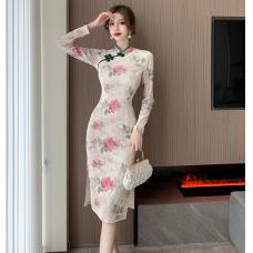 RM30169#新款改良中国风高级感显瘦气质丝绒压花开叉旗袍连衣裙