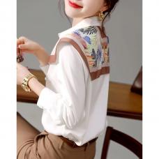 RM30205#新款秋季法式印花披肩白色领带长袖衬衫