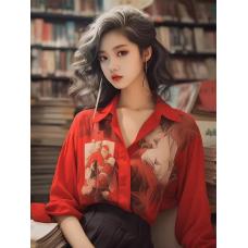 RM30208#今年流行漂亮减龄上衣港味复古chic设计感小众红色印花衬衫...