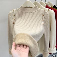 RM30234#半高领加绒加厚毛衣女秋冬季一体绒打底衫设计感上衣