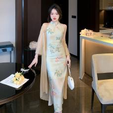 RM30267#新中式改良旗袍复古国风设计感收腰显瘦连衣裙 送胸花