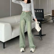 RM30311#美式高街直筒牛仔裤女2023复古高腰小众设计感绿色长裤