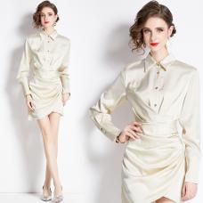 RM30325#新款长袖收腰显瘦衬衫裙子女缎面连衣裙