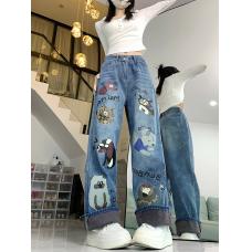RM30327#加绒加厚涂鸦印花高街牛仔裤女设计感高腰宽松阔腿裤