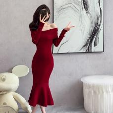 RM30369#新款法式一字肩淑女超修身纯色套头针织连衣裙