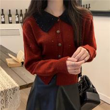 RM30464#新款复古红撞色polo领针织毛衣开衫女