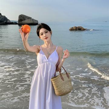 RM30620#香波堡露台法式白色吊带连衣裙长裙子露背度假新款夏