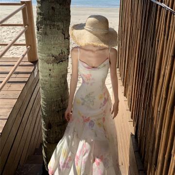 RM30623#草木葱茏的凉意/大露背印花吊带裙女夏季收腰显瘦长裙