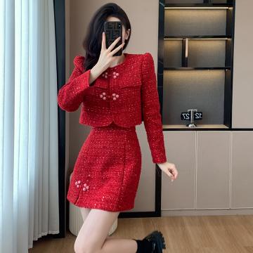 RM30681#新款盘扣轻奢小香风套装高级感小个子大红半身裙子两件套
