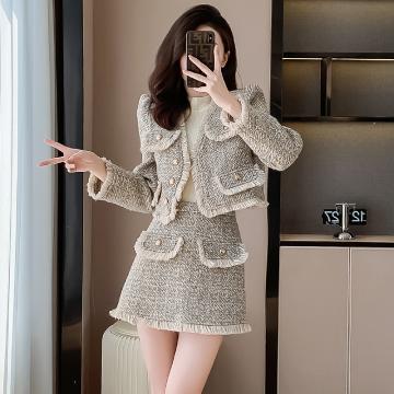 RM30683#新款小香风套装女秋冬季气质外套流苏半身裙