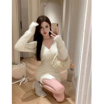 RM30770#辣妹纯欲海马毛纯色开衫性感包臀半身裙针织毛衣两件套