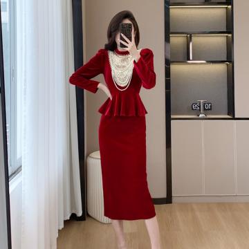 RM30795#重钉珠拼接丝绒红色小香风连衣裙名媛高级感遮肚包臀裙