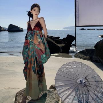 RM30854#设计师品牌新中式杜若手工皱褶细吊带花苞连衣裙