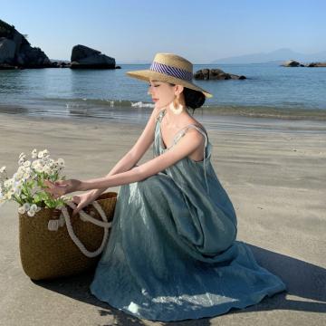 RM30855#新中式西双版纳三亚海边度假旅游露背水蓝长裙女连衣裙
