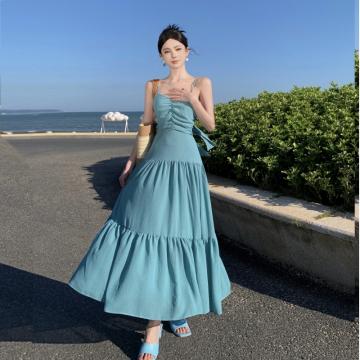RM30862#湖蓝色吊带连衣裙女2024夏季新款高腰显瘦度假长裙