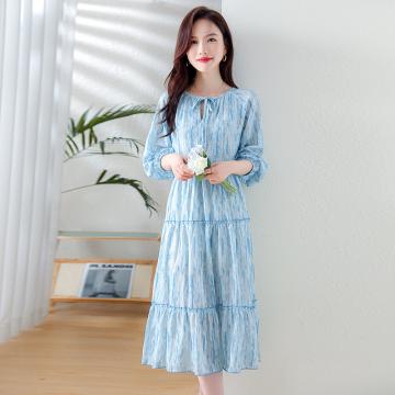 RM30870#新款法式碎花度假风长袖连衣裙女蓝色海边仙女长裙