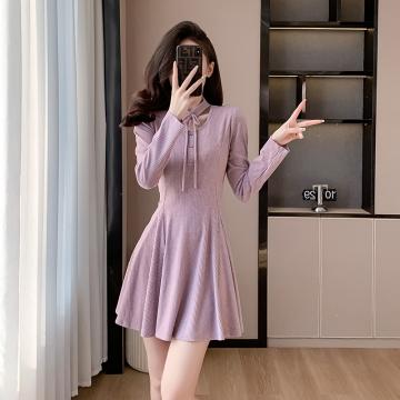 RM30924#芋泥露露子/紫色针织裙小个子新中式气质修身短款连衣裙女