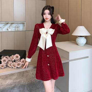 RM30948#新款蝴蝶结红色亮丝连衣裙气质圣诞新年氛围感A字裙