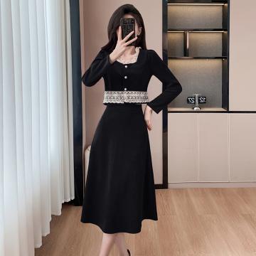 RM30970#方领气质拼接小香风黑色赫本风半身裙两件套