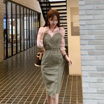 RM30983#韩版新品修身衬衫长袖+修身中长开叉连衣裙两件套装