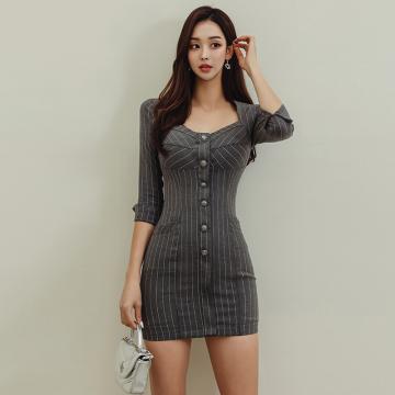 RM30987#新款韩版名媛风方领气质条纹修身小个子性感连衣裙