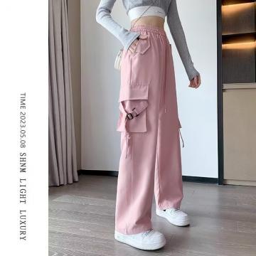 RM31014#粉色工装裤女夏季薄款高腰显瘦垂感阔腿窄版休闲美式速干运动裤