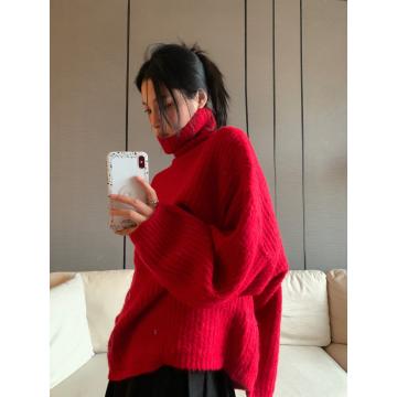 RM31082#韩版宽松慵懒软糯纯色新年圣诞红高领毛衣针织上衣