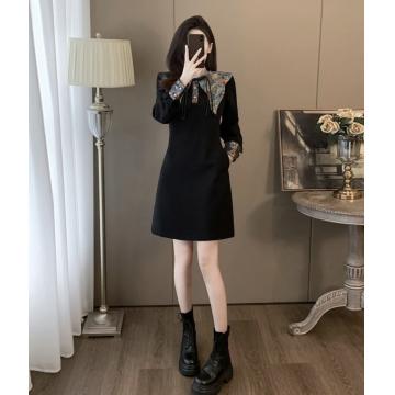 RM31086#新中式国风高端女装黑色连衣裙秋冬高级感显瘦中长款打底裙子