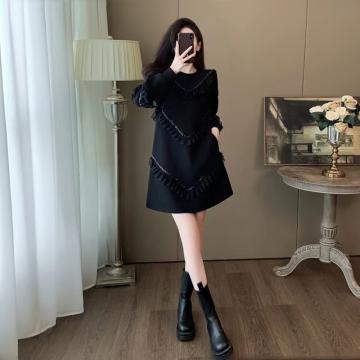 RM31098#黑色高级感超好看连衣裙女秋冬时尚气质小个子洋气减龄卫衣裙子